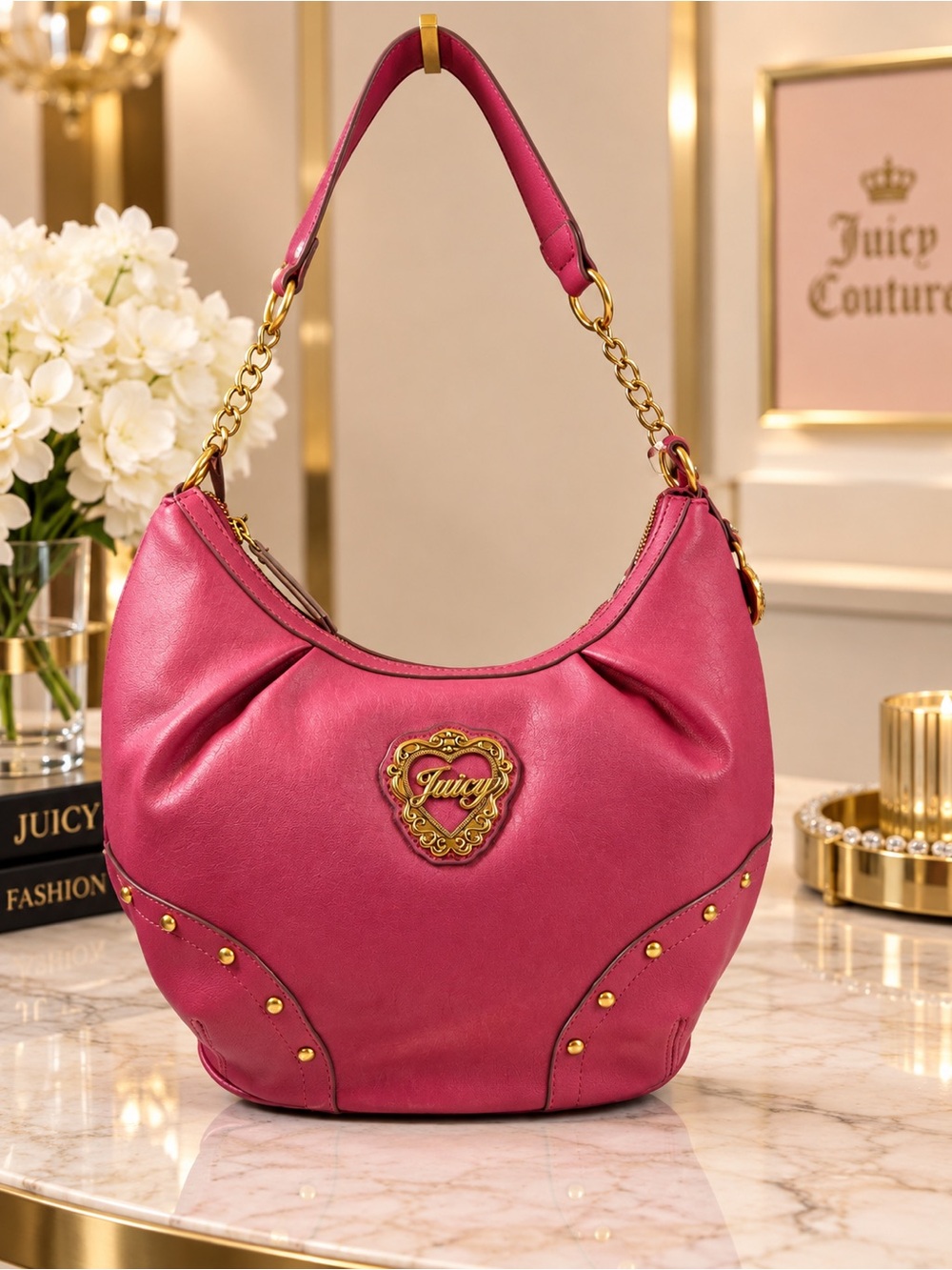 Juicy Couture Rose Pink Shoulder Hobo Bag with Gold Hardware